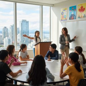 Diverse group of children aged 8-12 participating in an energetic debate class in a bright Vancouver classroom, guided by an instructor.