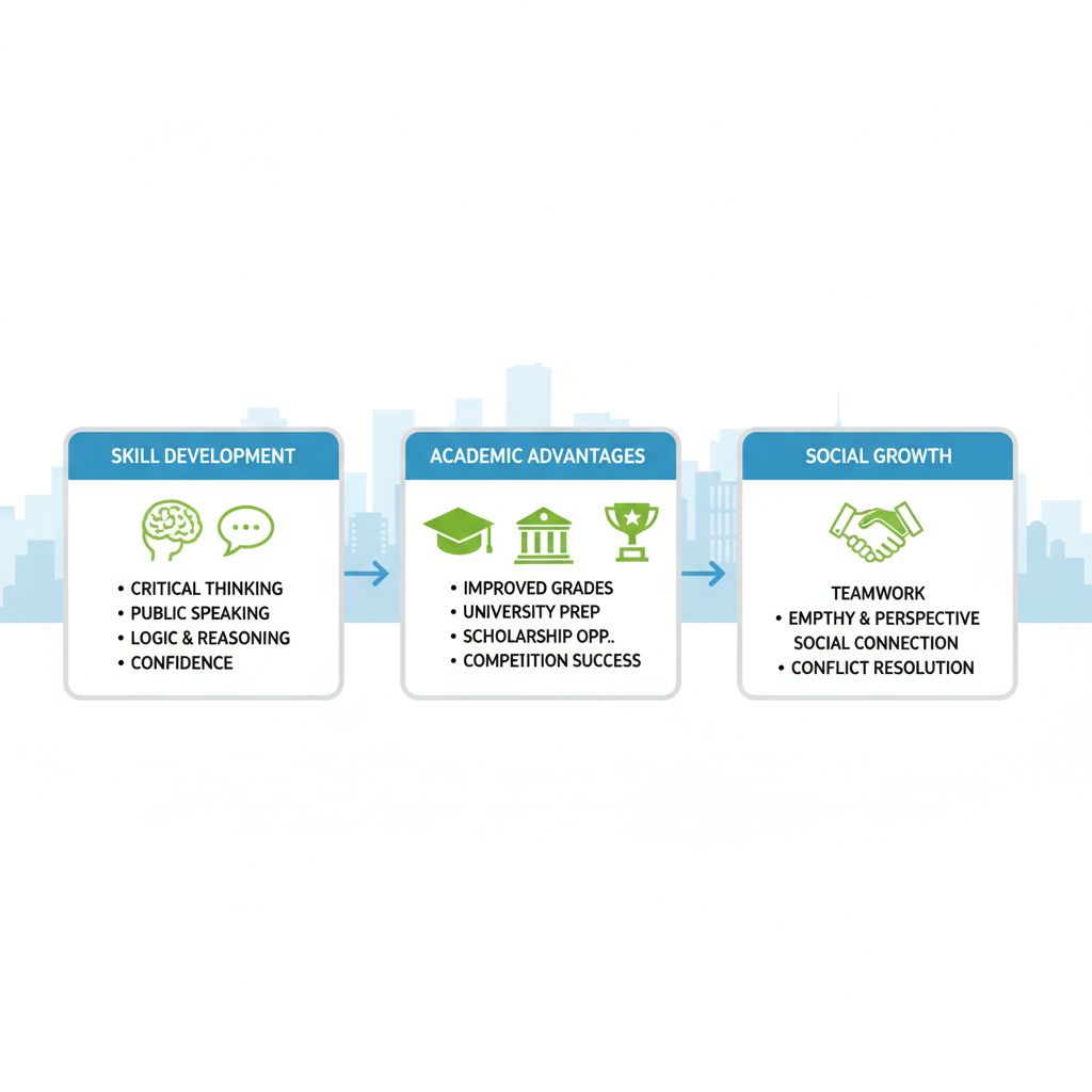 Infographic showing skill development, academic advantages, and social growth benefits of debate classes for children with icons and highlights