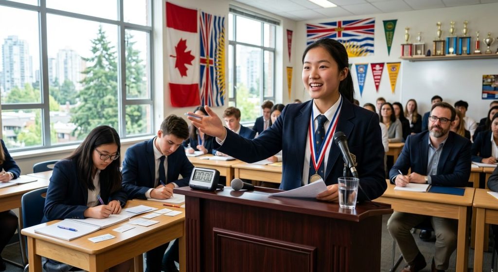 Confident young debaters in Vancouver classroom, student at podium with team and coach, trophies and flags visible.