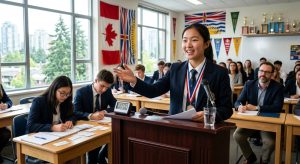 Confident young debaters in Vancouver classroom, student at podium with team and coach, trophies and flags visible.