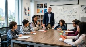 Dynamic debate class with instructor and kids at FDT Academy Vancouver, engaged discussion around conference table