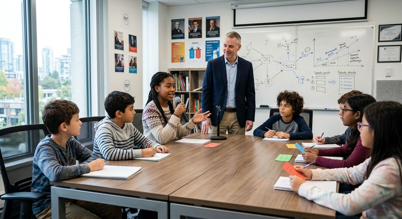 Dynamic debate class with instructor and kids at FDT Academy Vancouver, engaged discussion around conference table