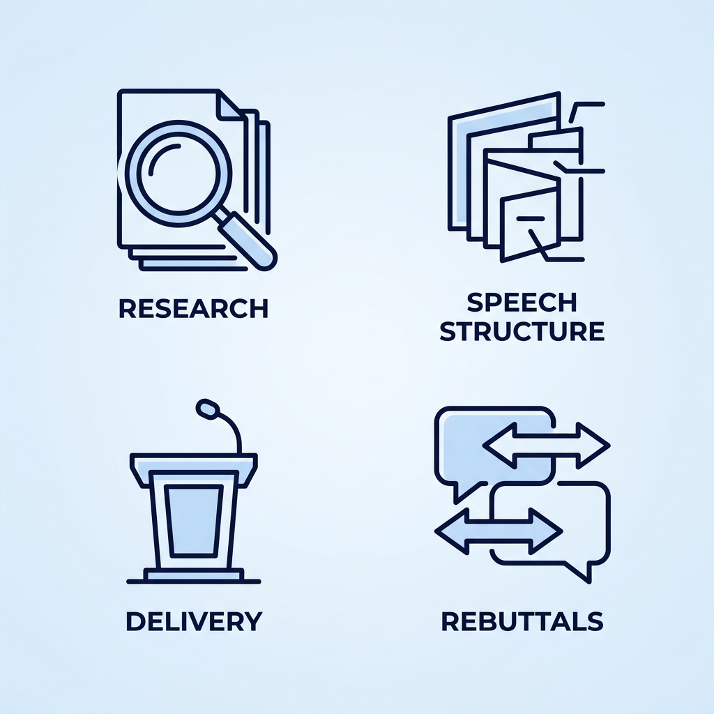 Square grid of four modern line icons for beginner debate foundations: research with magnifying glass, speech organization layers, delivery podium, rebuttal speech bubbles.